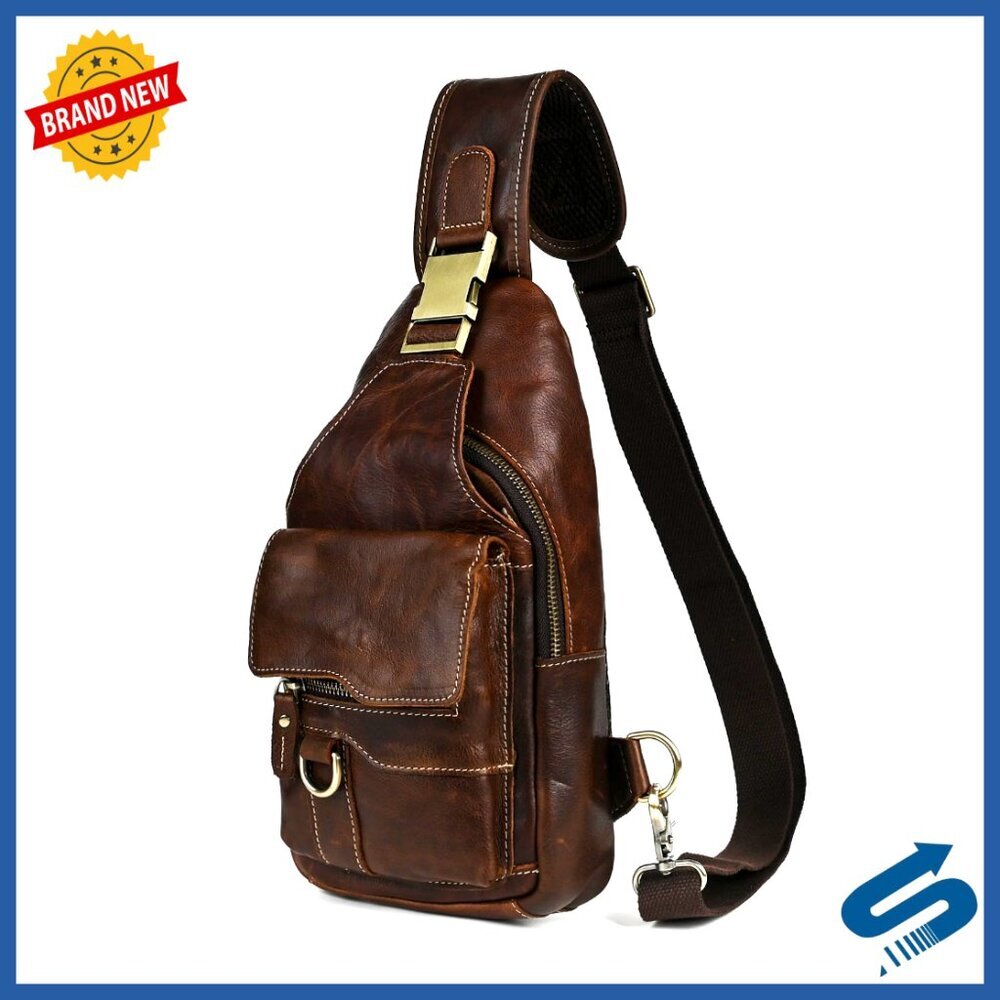 Genuine Leather Hiking Daypack Sling Crossbody Chest Bag Travel Vintage Retro